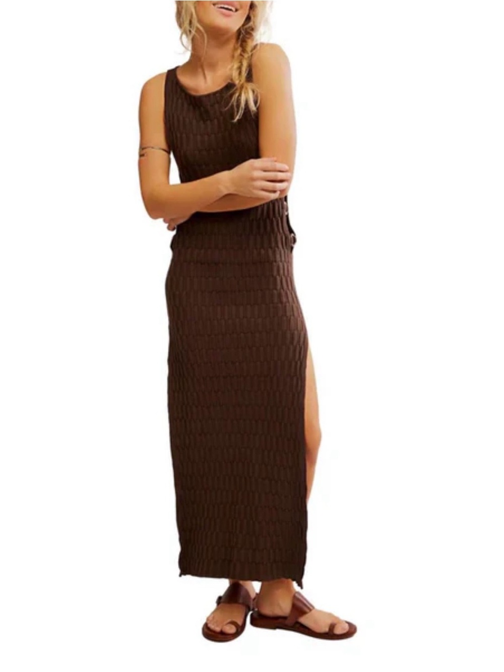 Free People Brown Sleeveless Ribbed Maxi Dress with Side Slit